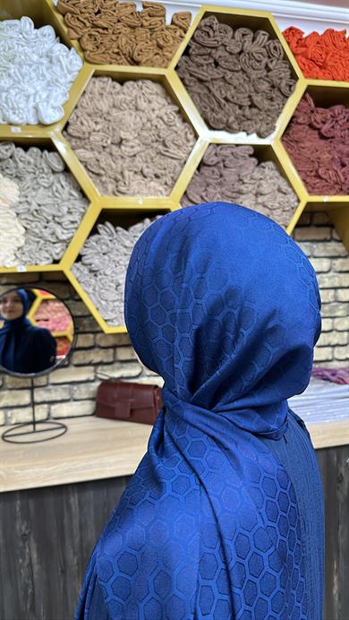 Petek Desen İpekli Jakar Şal Canlı Lacivert