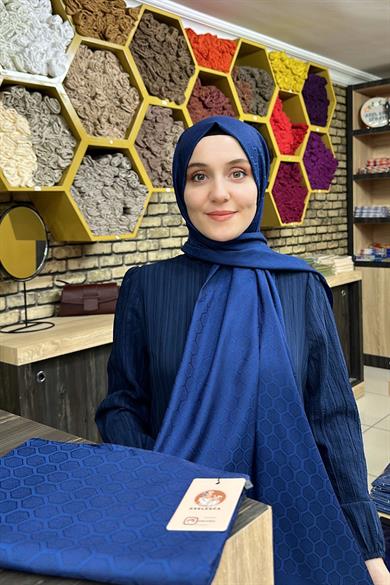 Petek Desen İpekli Jakar Şal Canlı Lacivert