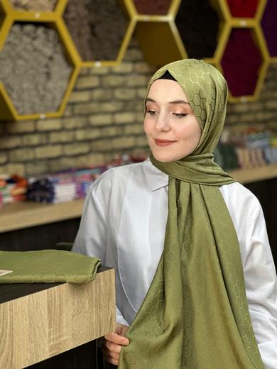 Petek Desen İpekli Jakar Şal Haki