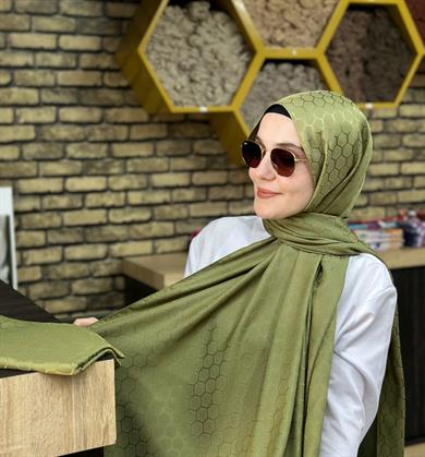 Petek Desen İpekli Jakar Şal Haki