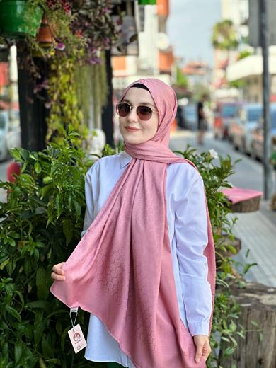 Petek Desen İpekli Jakar Şal Koyu Pembe