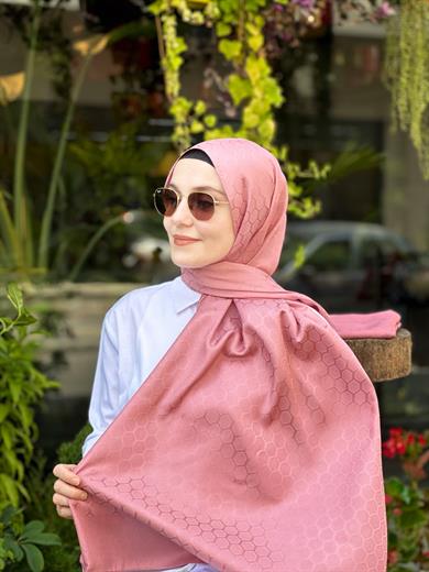 Petek Desen İpekli Jakar Şal Koyu Pembe
