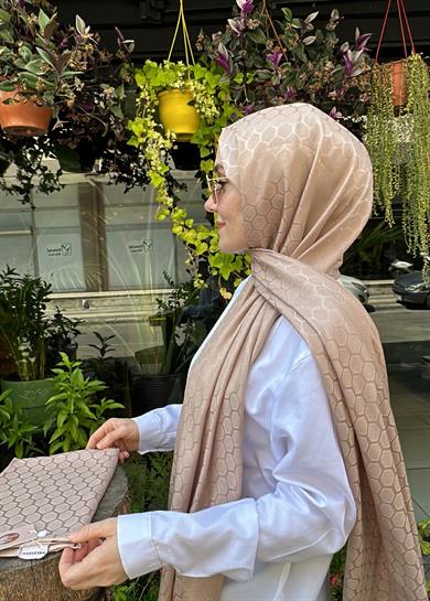 Petek Desen İpekli Jakar Şal Kumlu Taş