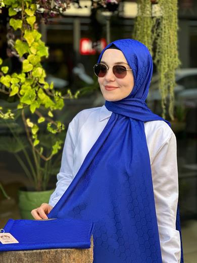 Petek Desen İpekli Jakar Şal Saks Mavisi