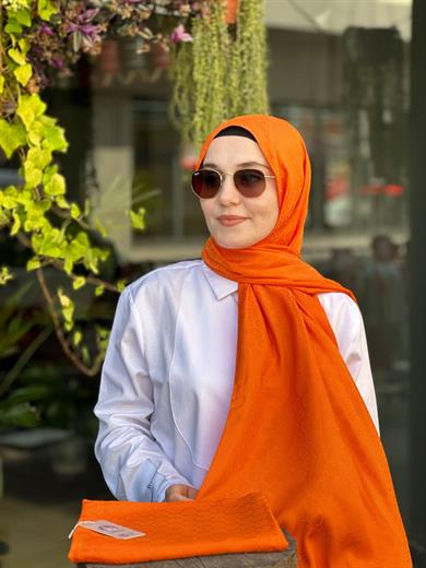 Petek Desen İpekli Jakar Şal Turuncu