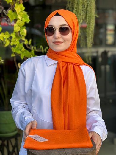 Petek Desen İpekli Jakar Şal Turuncu