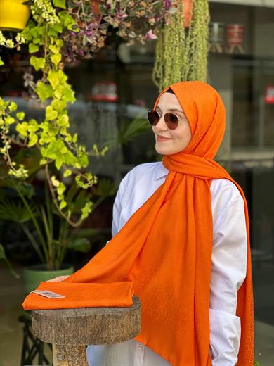 Petek Desen İpekli Jakar Şal Turuncu