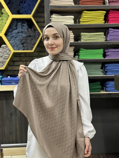 Petek Desen İpekli Jakar Şal Yeni Vizon