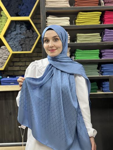Petek Desen İpekli Jakar Şal Yeni Kot Mavisi