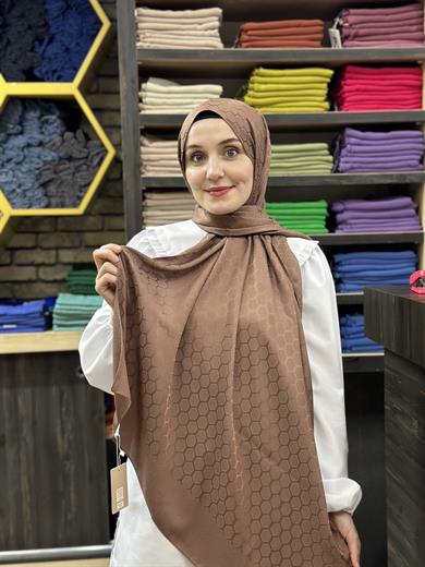 Petek Desen İpekli Jakar Şal Yeni Kahverengi