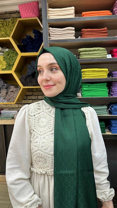 Petek Desen İpekli Jakar Şal YENİ ZÜMRÜT