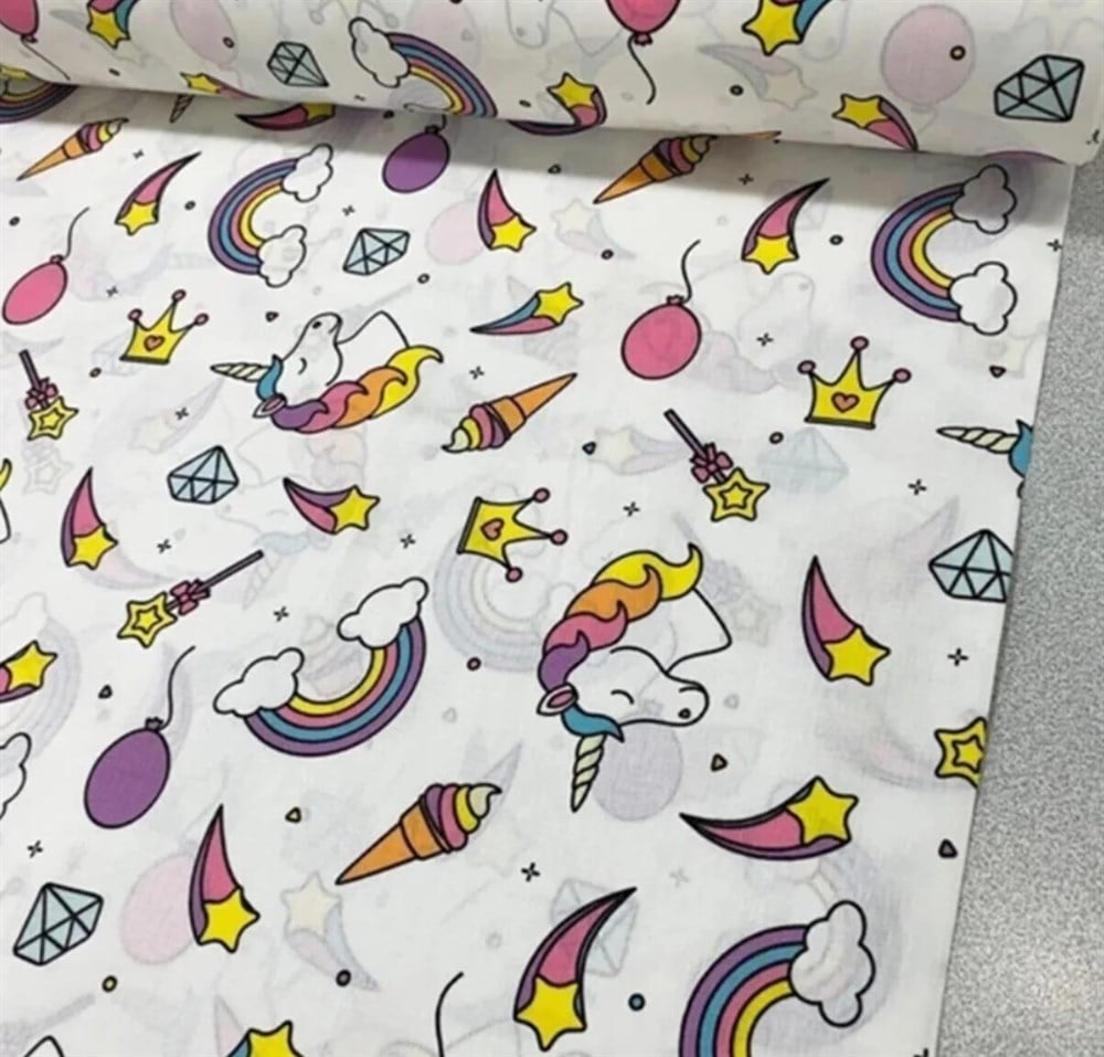 Bebek Özel %100 Pamuk Poplin Kumaş Beyaz Unicorn Desenli 240 cm Eninde 