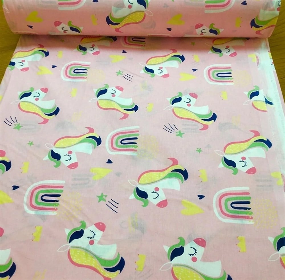 Bebek Özel %100 Pamuk Poplin Kumaş Pembe Pony Desenli 240 cm Eninde 