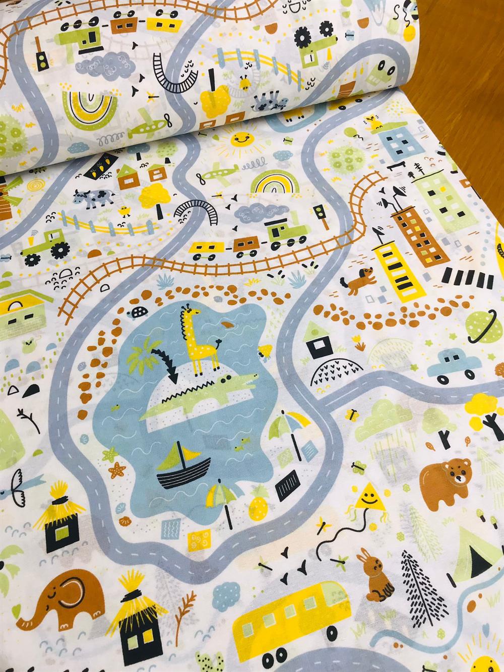 Bebek Özel %100 Pamuk Poplin Kumaş Sarı Kasaba Desenli 240 cm Eninde 