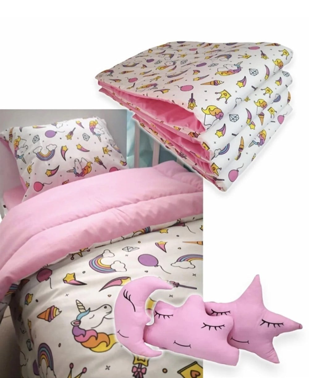 Bebek Özel Pamuklu 10 Parça Bebek Çocuk Uyku Seti Beyaz Unicorn Pembe 