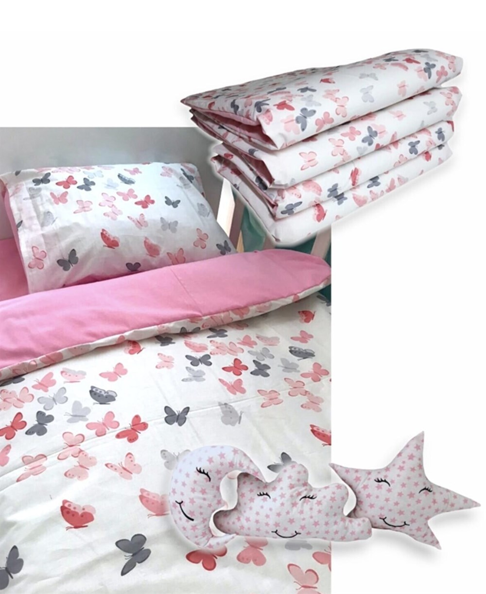 Bebek Özel Pamuklu 10 Parça Bebek Çocuk Uyku Seti Kelebek Pembe