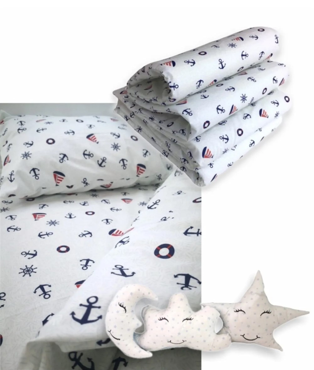 Bebek Özel Pamuklu 10 Parça Bebek Çocuk Uyku Seti Denizci Çıpalı