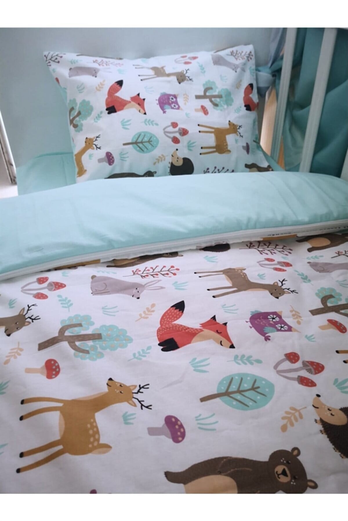 Bebek Özel Pamuklu Bebek/Çocuk Yastık Çarşaf Yorgan Seti Doğa Mint