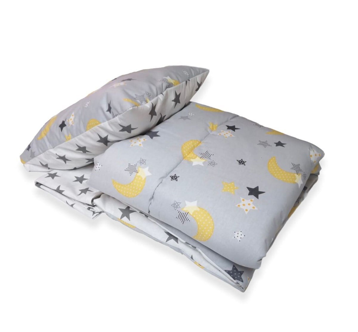 Bebek Özel Pamuklu Bebek/Çocuk Yastık Çarşaf Yorgan Seti Gri Ay Büyük Yıldızlı