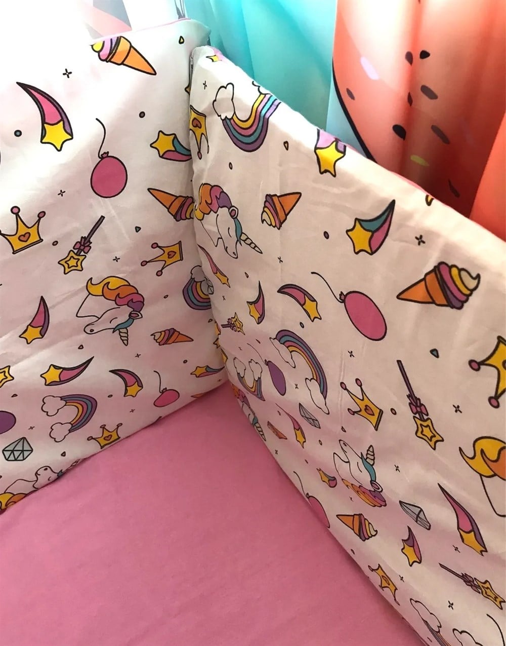 Bebek Çocuk Beşik Kenar Koruma  (4 Parça) Beyaz Unicorn Pembe