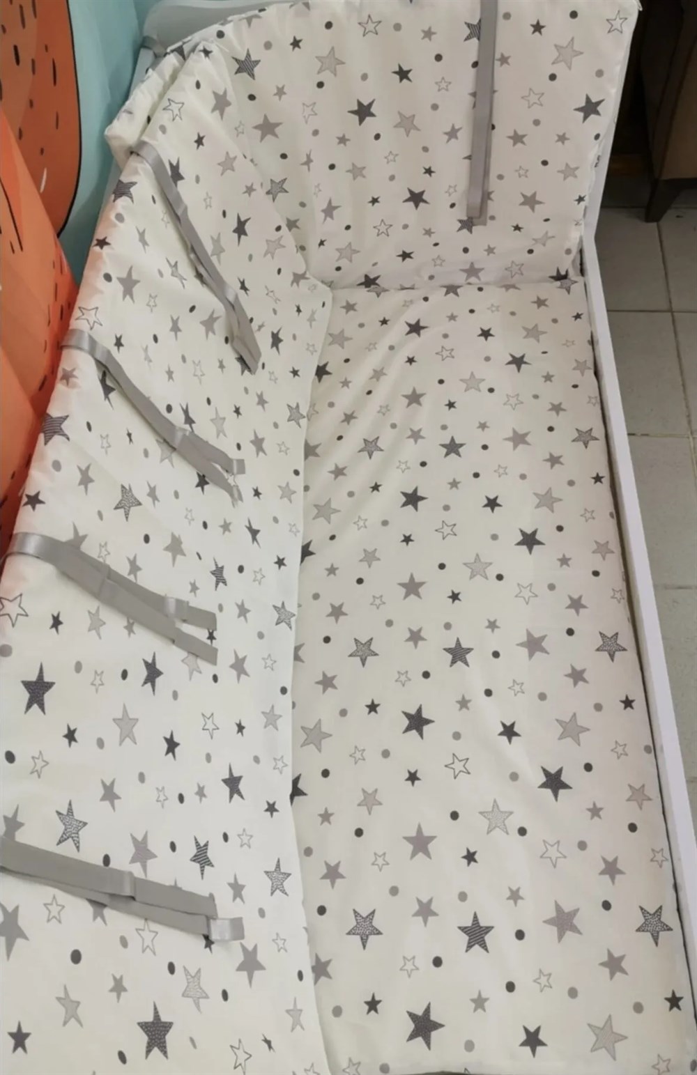 Bebek Çocuk Beşik Kenar Koruma  (4 Parça) Gri Büyük Yıldızlı
