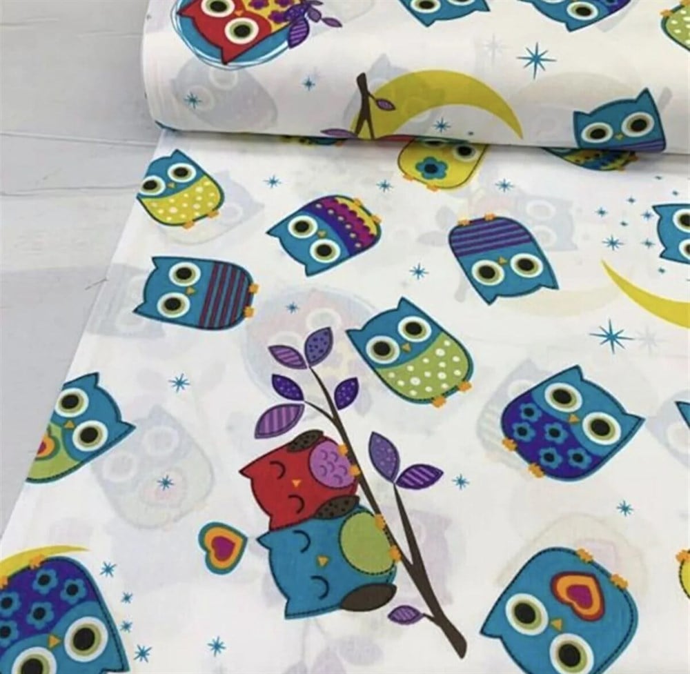 Bebek Özel %100 Pamuk Poplin Kumaş Baykuş Desenli 240 cm Eninde 