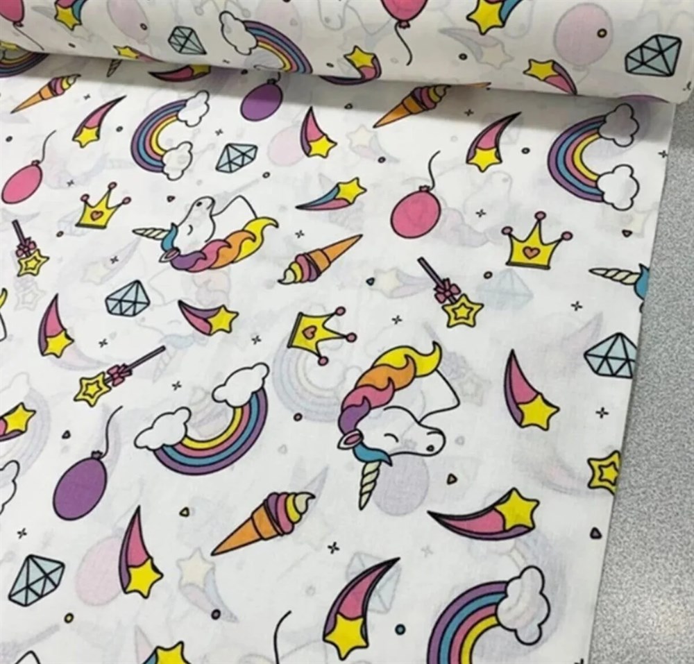 Bebek Özel %100 Pamuk Poplin Kumaş Beyaz Unicorn Desenli 240 cm Eninde 
