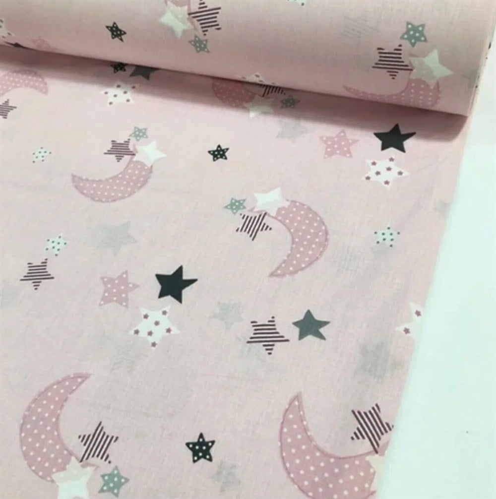 Bebek Özel %100 Pamuk Poplin Kumaş Pembe Hilal Desenli 240 cm Eninde 