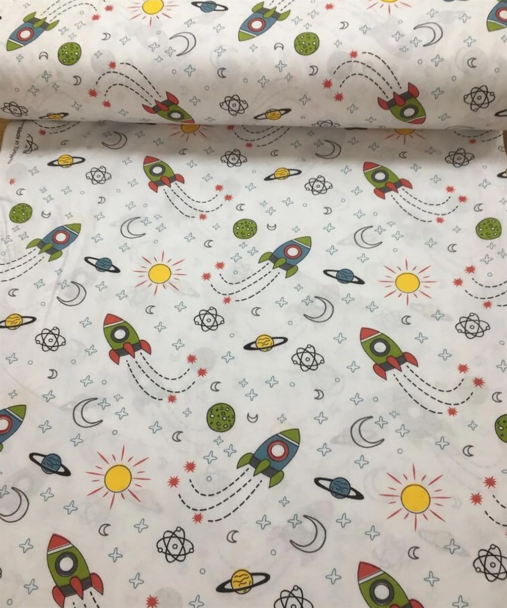 Bebek Özel %100 Pamuk Poplin Kumaş Roket Desenli 240 cm Eninde 