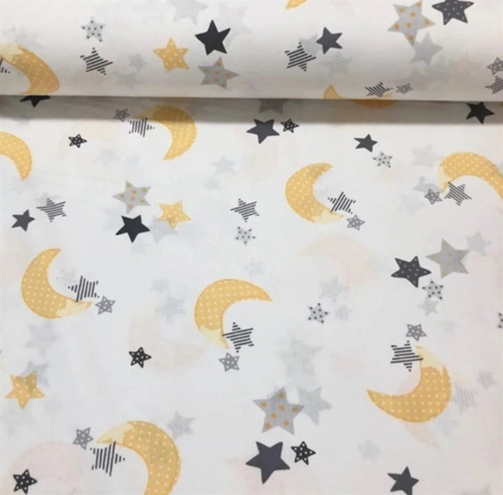Bebek Özel %100 Pamuk Poplin Kumaş Sarı Hilal Desenli 240 cm Eninde 