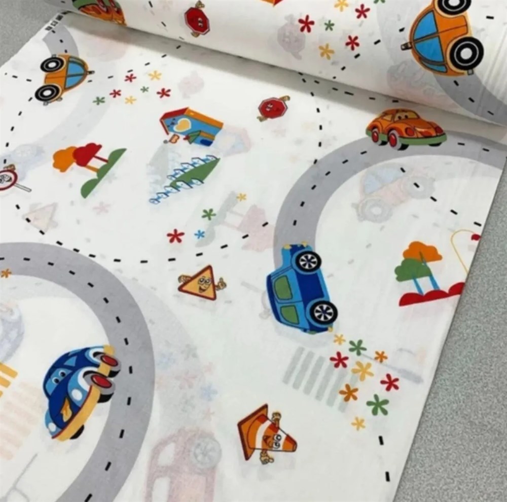 Bebek Özel %100 Pamuk Poplin Kumaş Trafik Araba Desenli 240 cm Eninde 