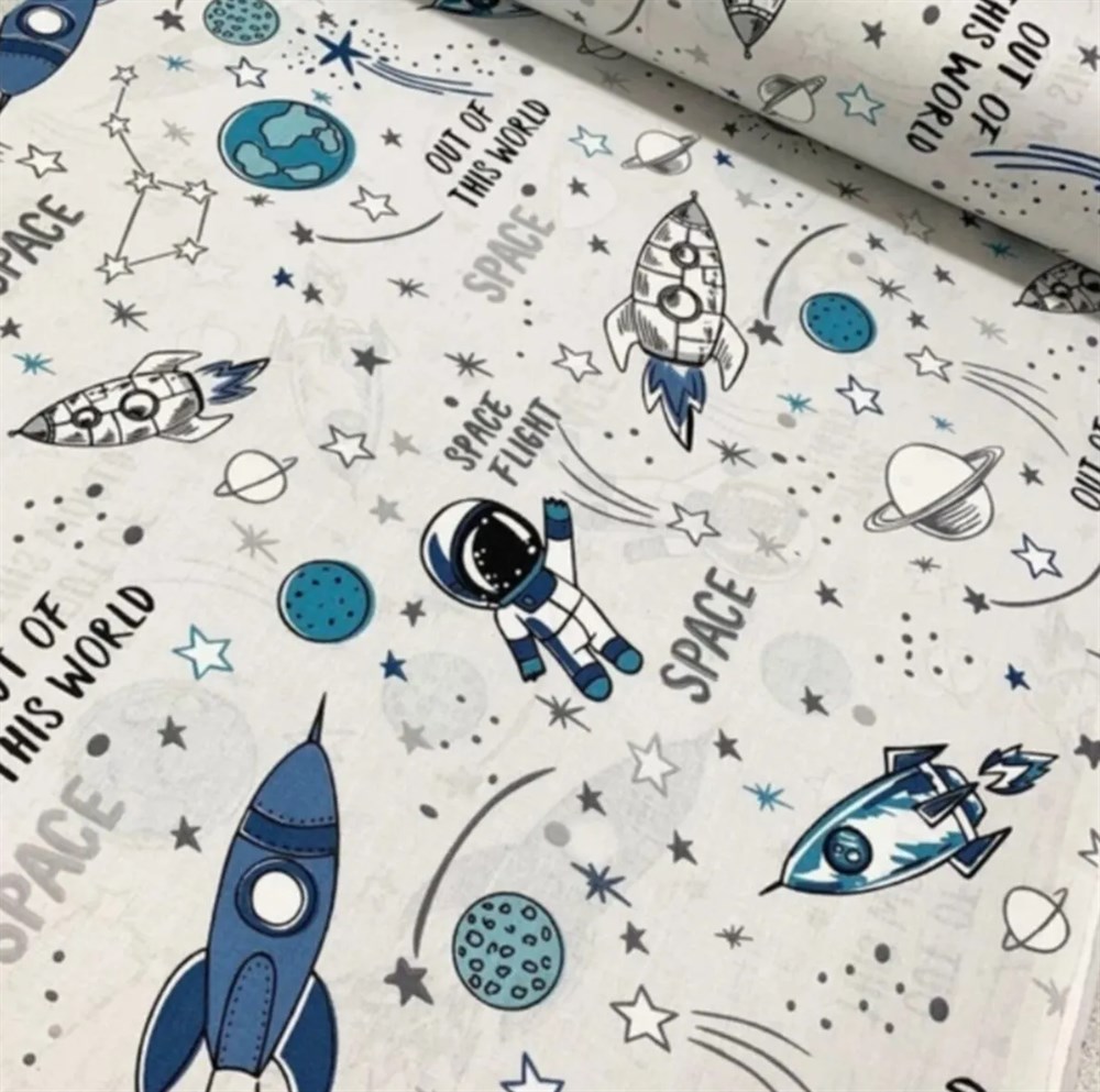 Bebek Özel %100 Pamuk Poplin Kumaş Uzay Astronot Desenli 240 cm Eninde 