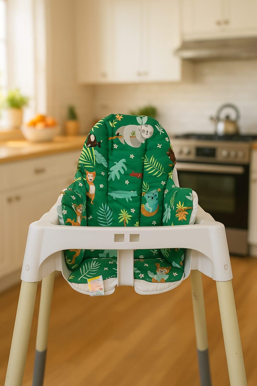 Bebek Özel %100 Pamuklu Bebek Çocuk Mama Sandalyesi Minderi Yeni Yeşil Beyaz Orman
