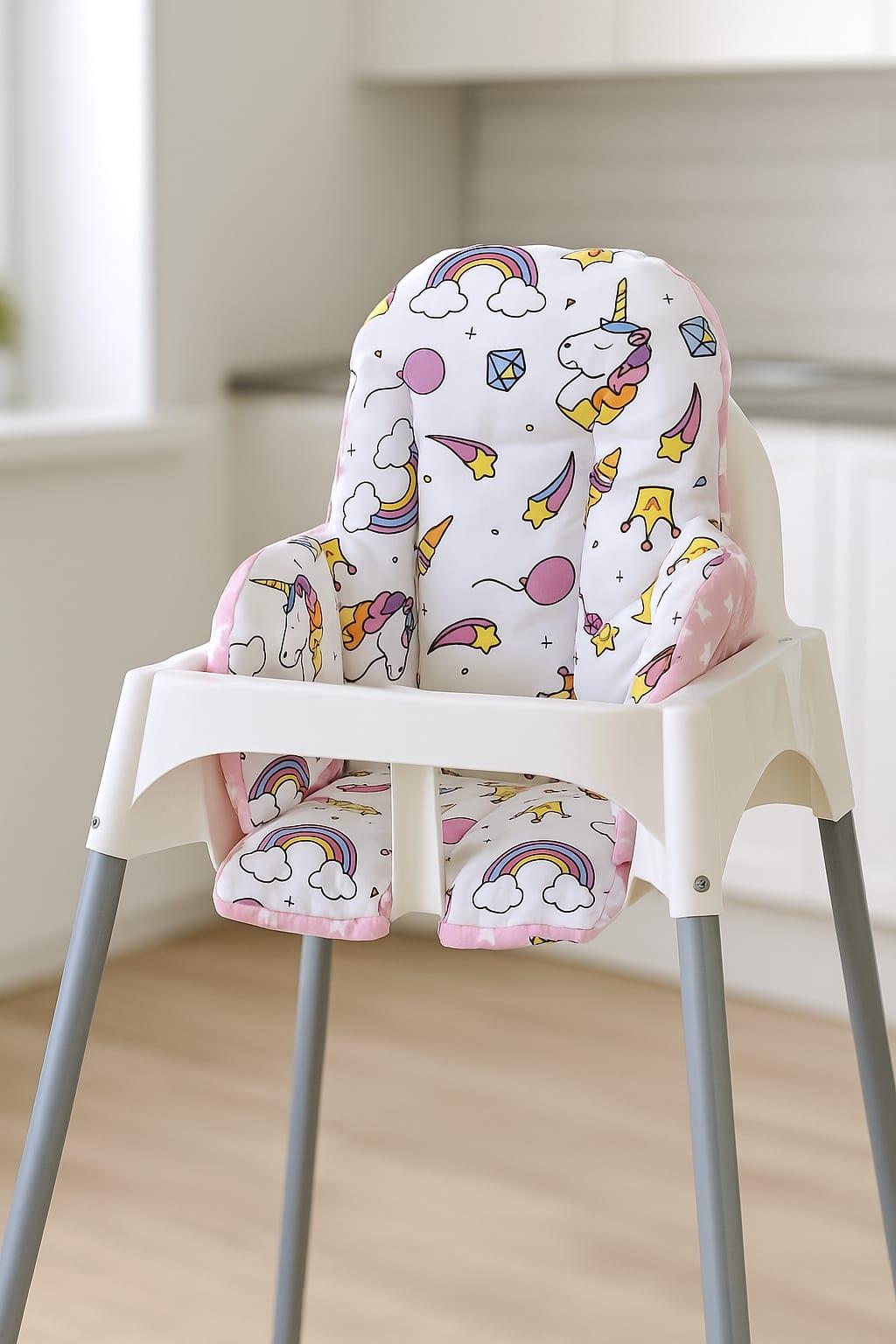 Bebek Özel Bebek Çocuk Mama Sandalyesi Minderi Beyaz  Unicorn Yıldızlı