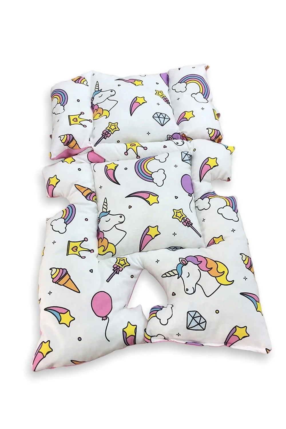 Bebek Özel Bebek Puset Ve Oto Koltuk Minderi Bel Destekli Beyaz Unicorn Pembe