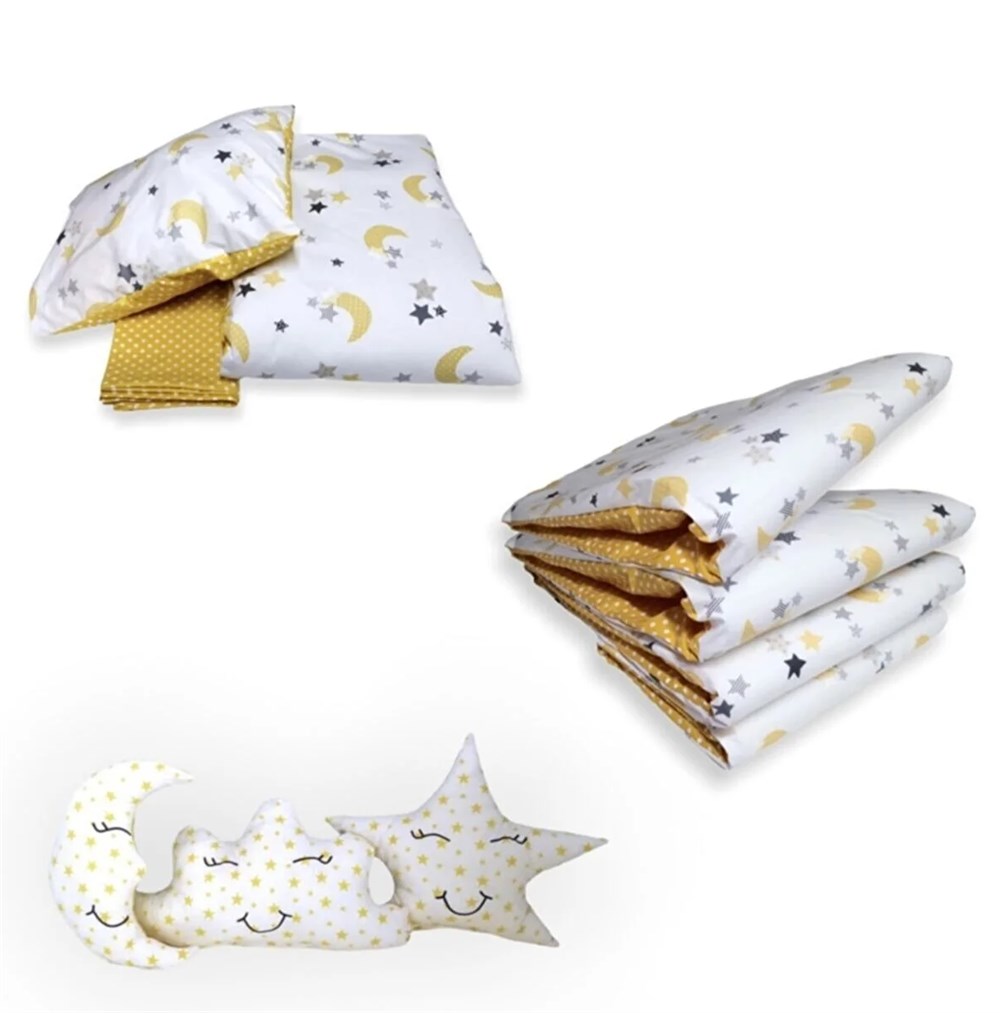 Bebek Özel Pamuklu 10 Parça Bebek Çocuk Uyku Seti Sarı Ay Yıldızlı Puantiyeli