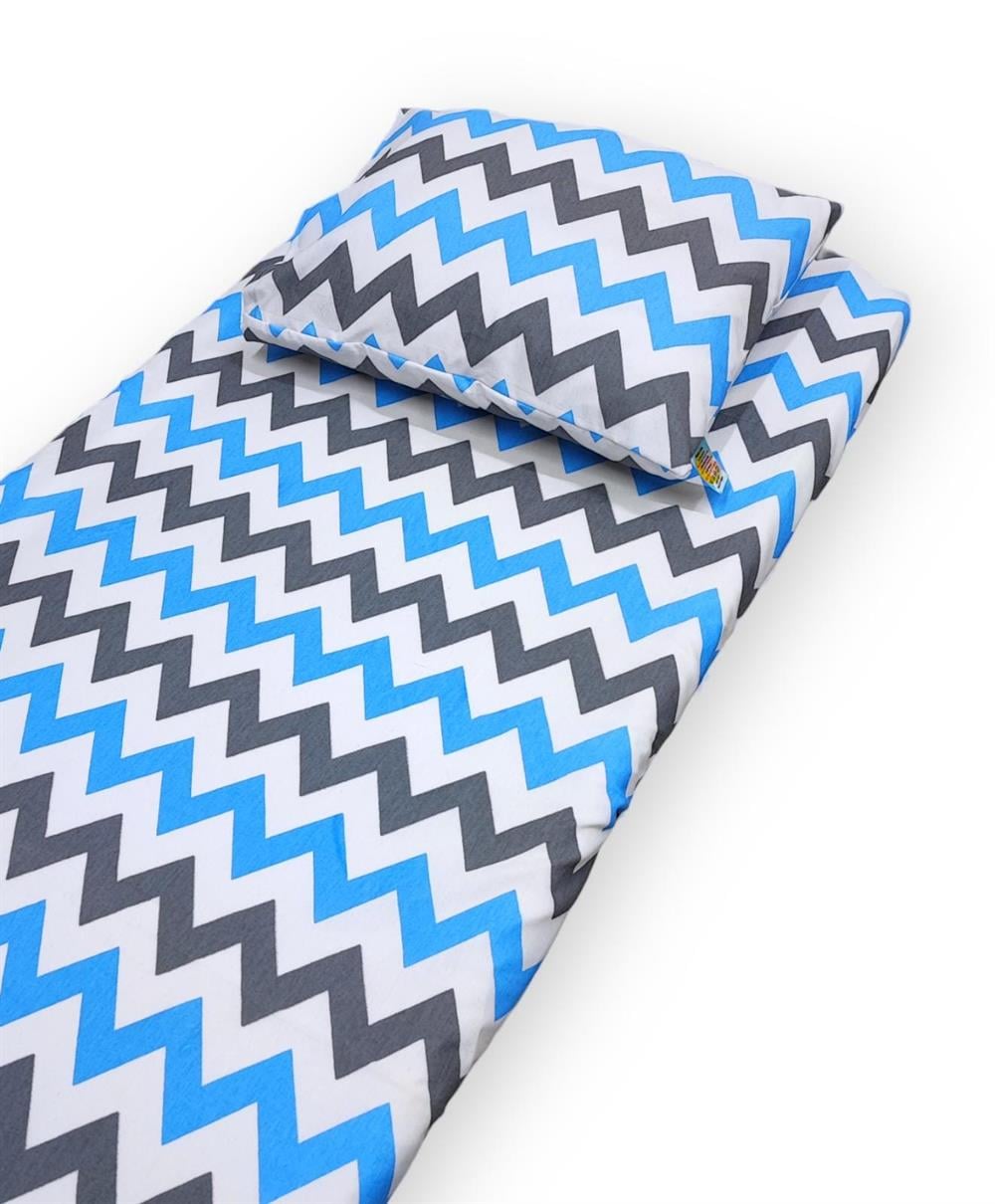 Bebek Özel Pamuklu Bebek Ve Çocuk Lastikli Çarşaf Ve Yastık Kılıfı Mavi Zikzaklı