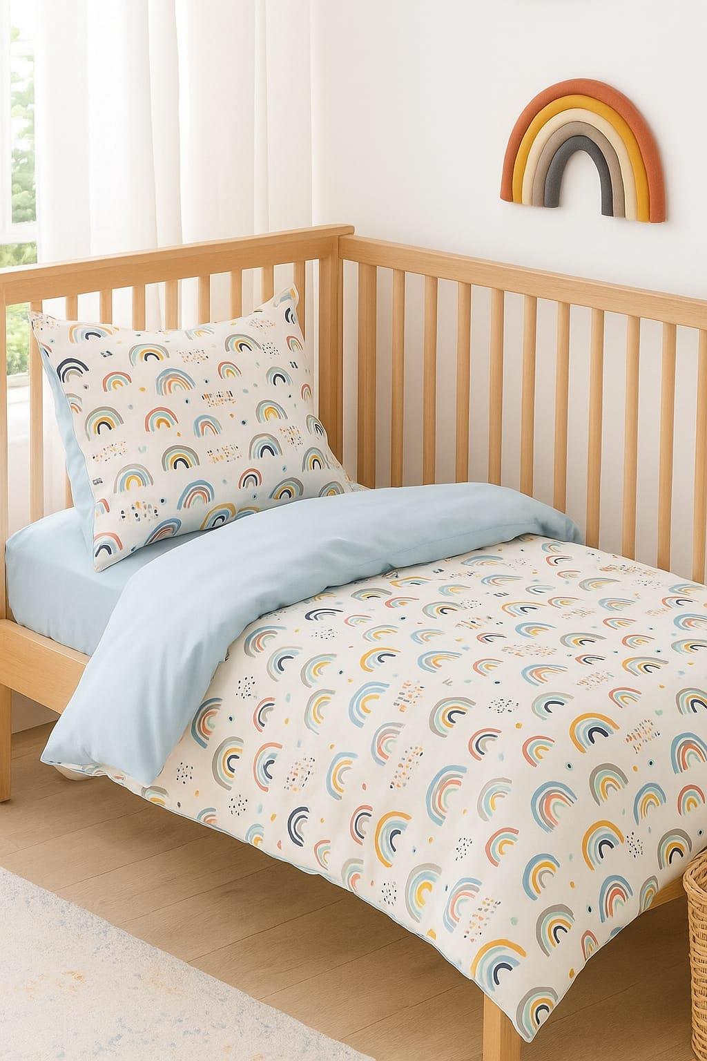 Bebek Özel Pamuklu Bebek/Çocuk Yastık Çarşaf Yorgan Seti Gökkuşağı Mavili
