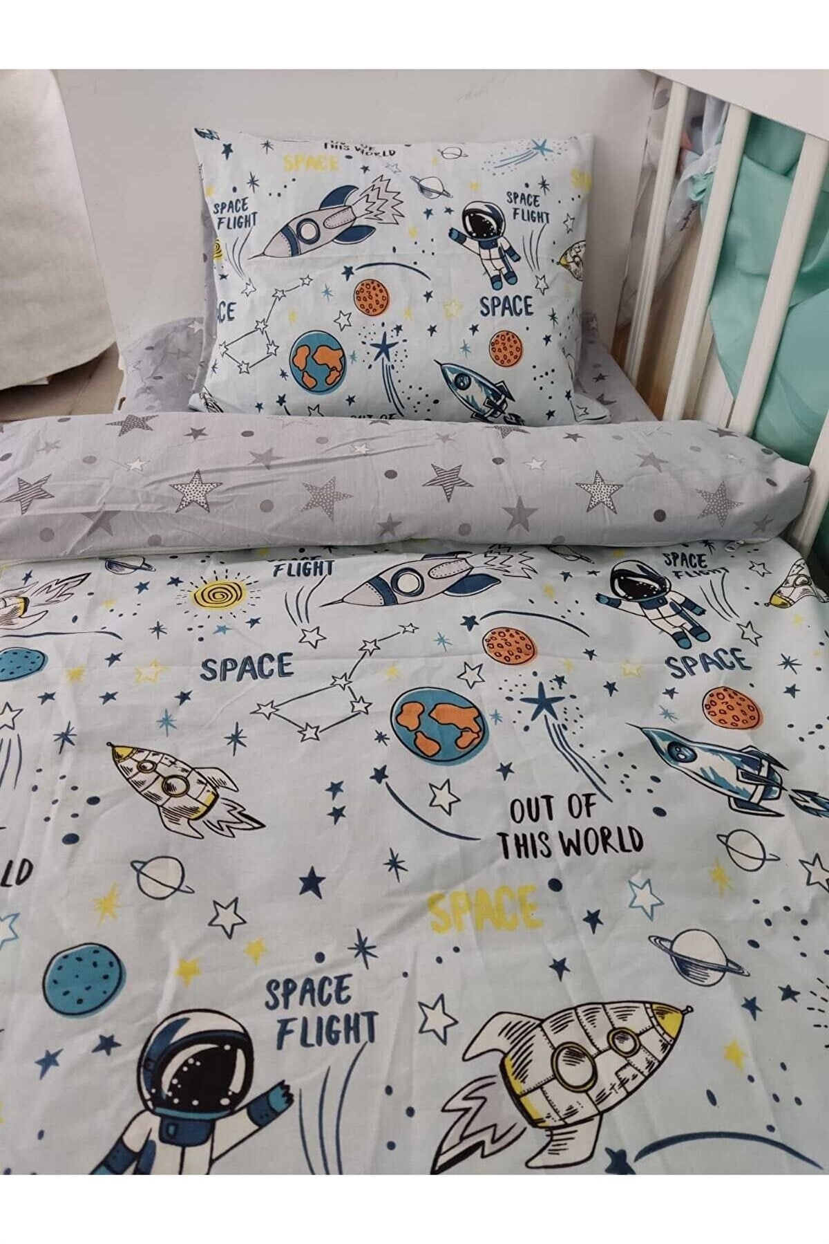 Bebek Özel Pamuklu Bebek/Çocuk Yastık Çarşaf Yorgan Seti Space Uzaylı Grili