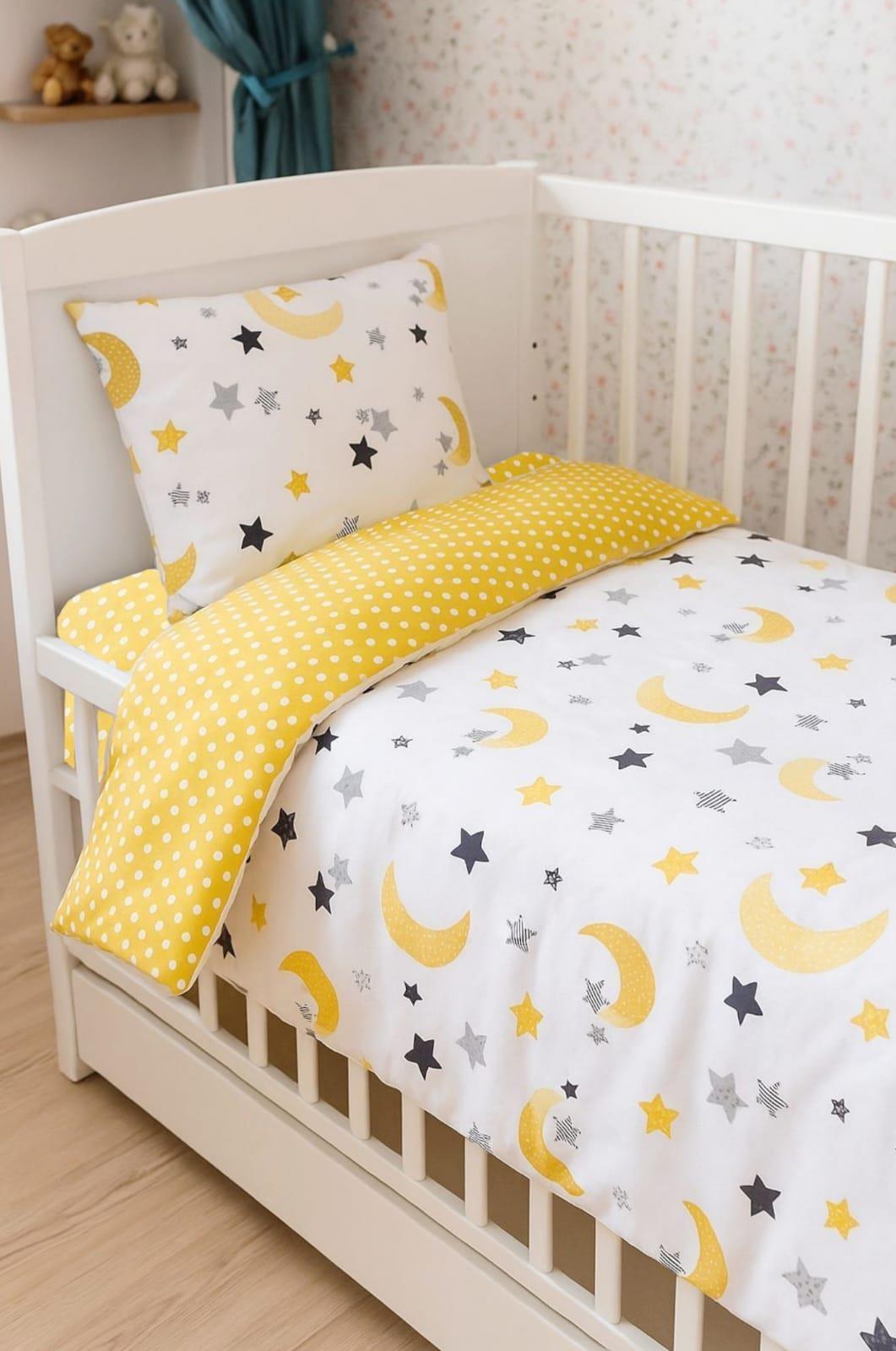Bebek Özel Pamuklu Bebek/Çocuk Yastık Çarşaf Yorgan Seti Sarı Hilal Puanlı