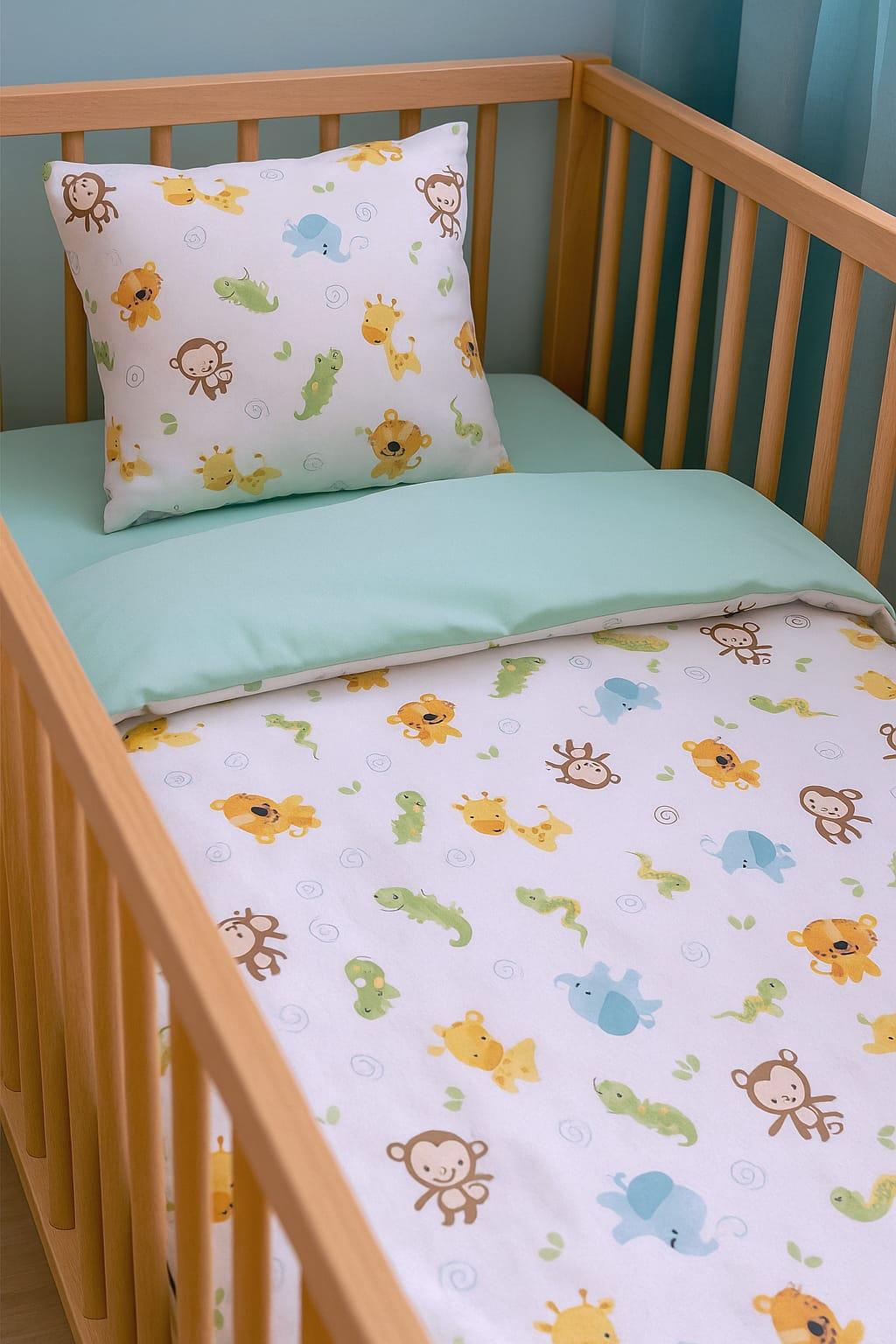 Bebek Özel Pamuklu Bebek/Çocuk Yastık Çarşaf Yorgan Seti Sevimli Hayvanlar Mint