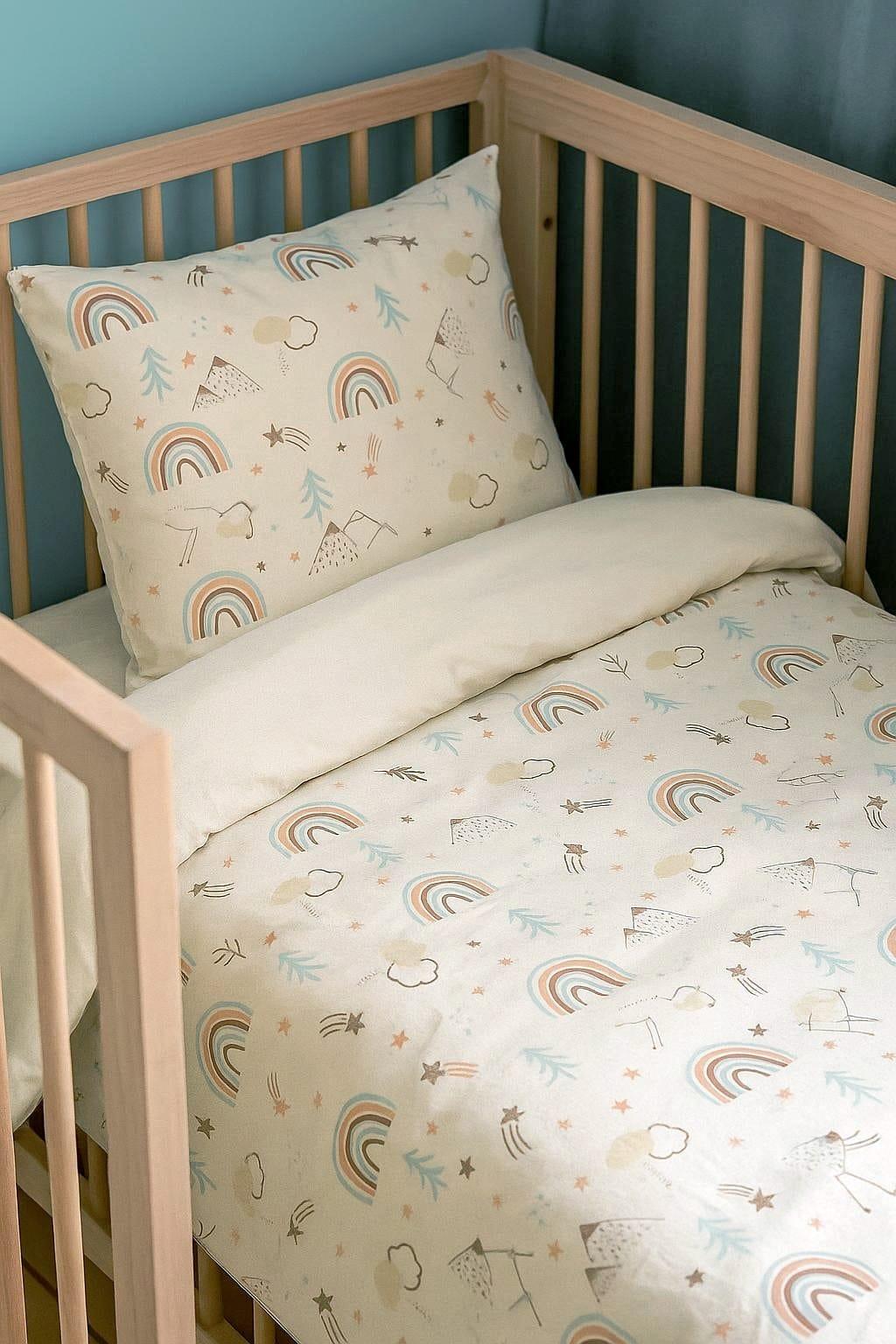 Bebek Özel Pamuklu Bebek/Çocuk Yastık Çarşaf Yorgan Seti Kahverengi Gökkuşağı Krem