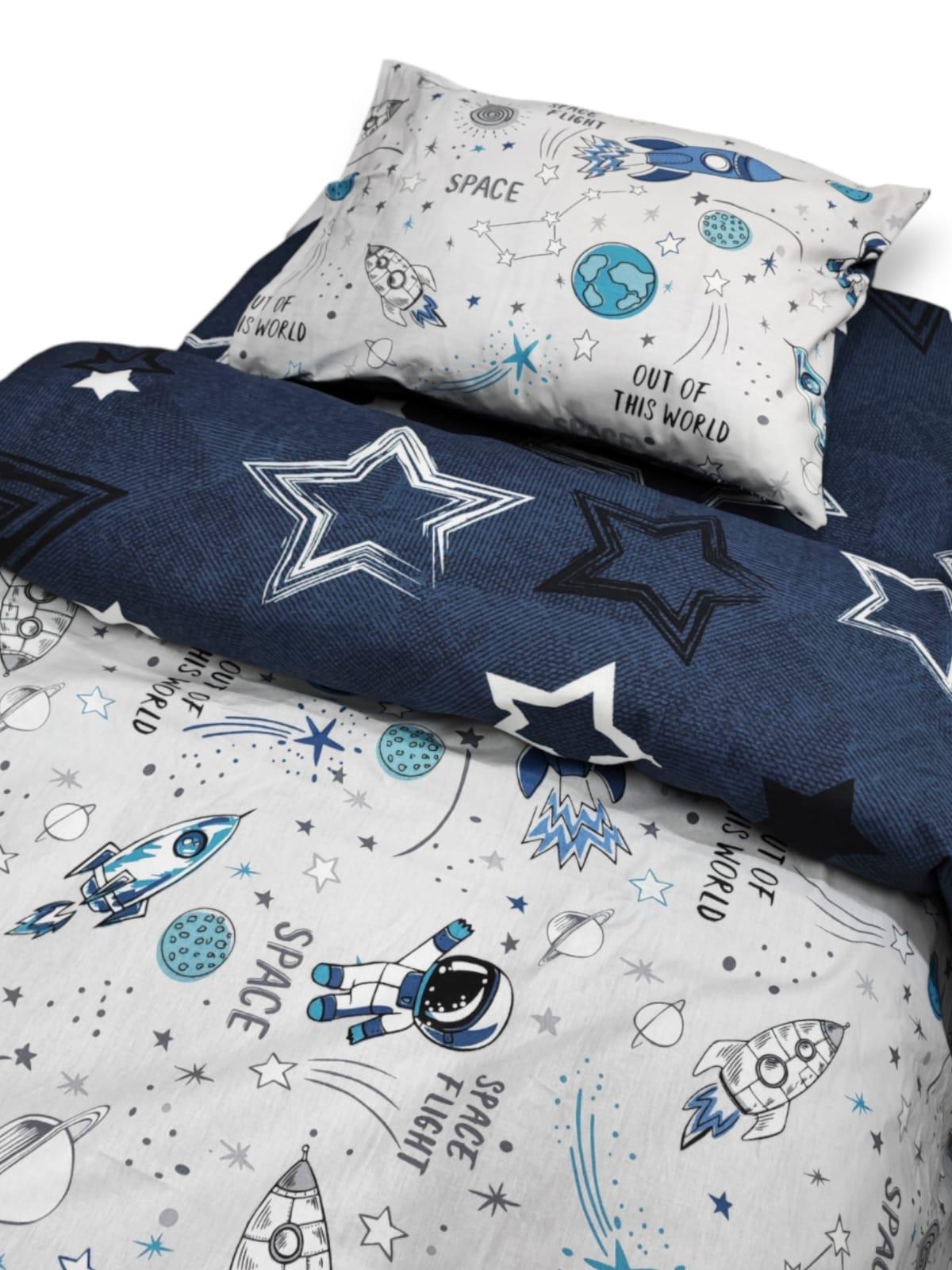Bebek Özel Pamuklu Bebek/Çocuk Yastık Çarşaf Yorgan Seti Space Uzaylı Lacivert