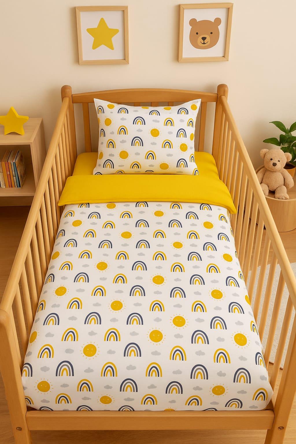 Bebek Özel Pamuklu Bebek/Çocuk Yastık Çarşaf Yorgan Seti Sarı Gökkuşağı 