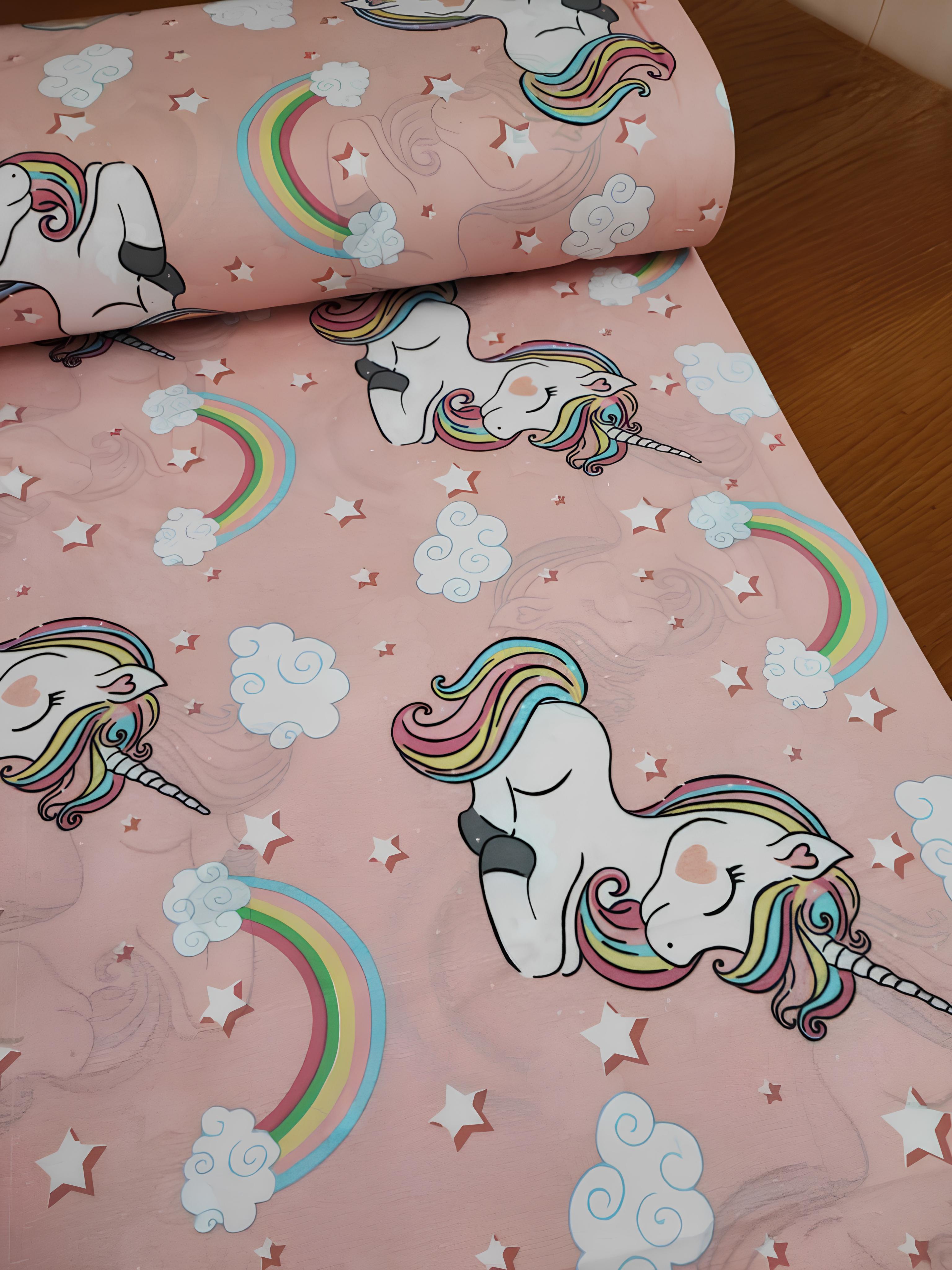 Bebek Özel Pamuklu Kumaş Unicorn Gökkuşağı Desenli 240 cm Eninde 
