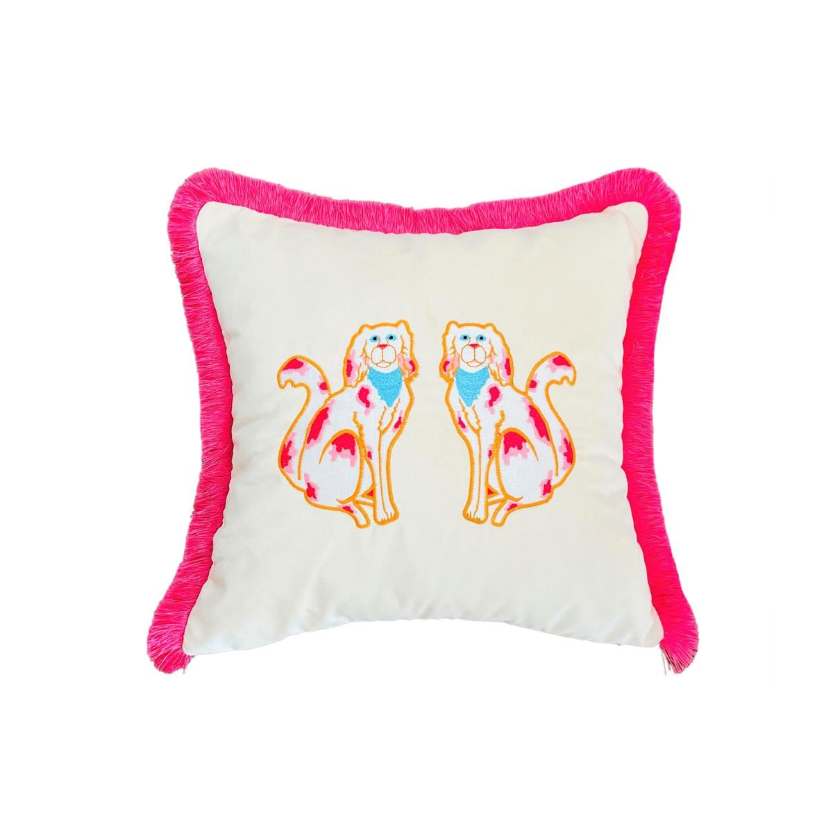  Pembe Köpek Desenli Bej Kadife Kırlent Kılıfı ( 45 Cm X 45 Cm )