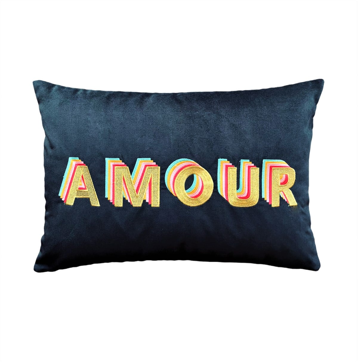 Amour Desenli Lacivert Kadife Dekoratif Kırlent Kılıfı