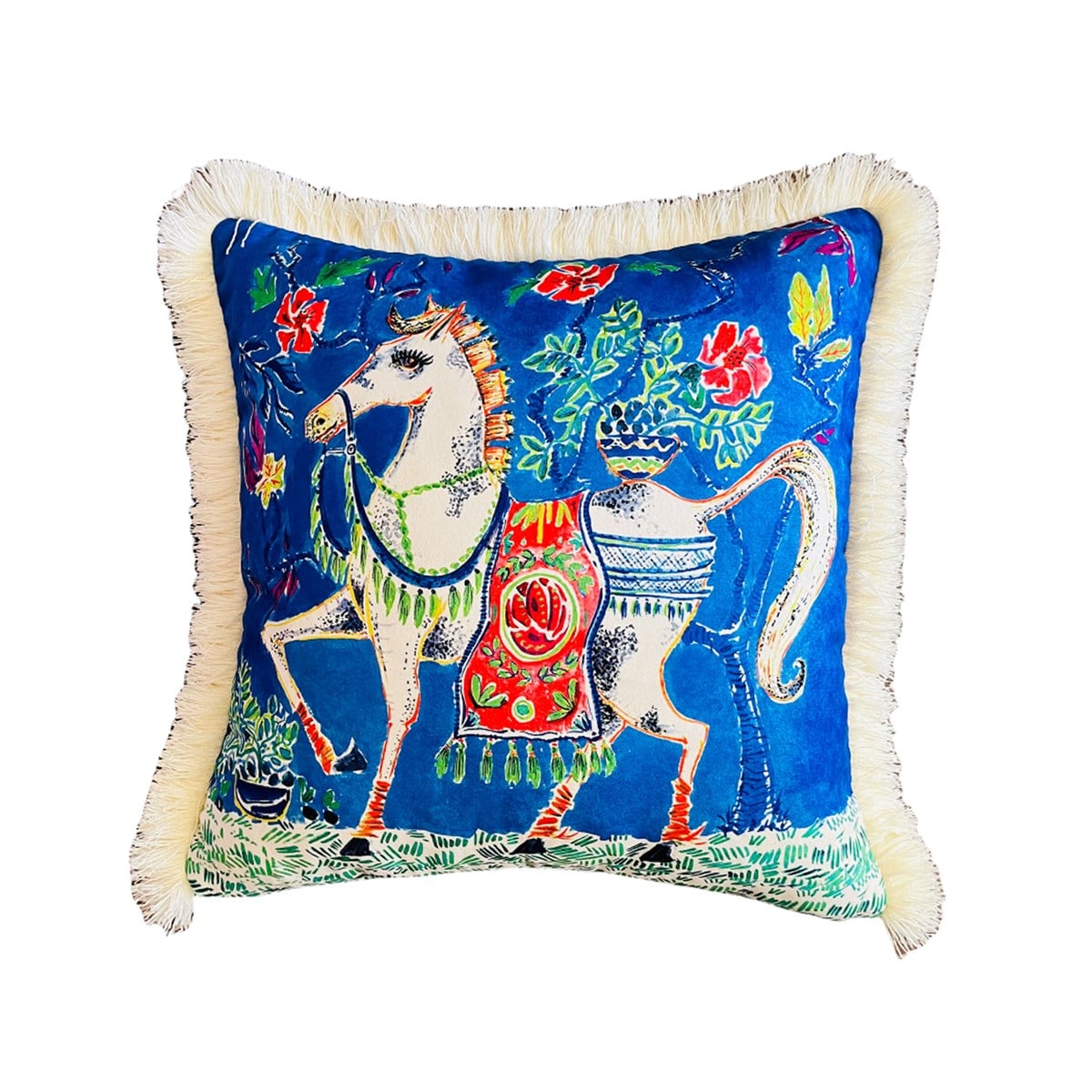 Dekoratif Beyaz At Desenli Kadife Kırlent Kılıfı ( 45 cm x 45 cm )