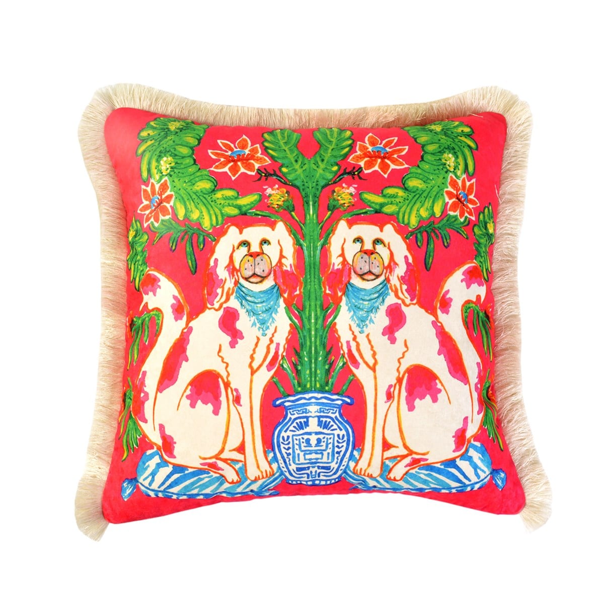Dekoratif Chinoiserie Köpek Desenli Kadife Kırlent Kılıfı ( 45 cm x 45 cm )