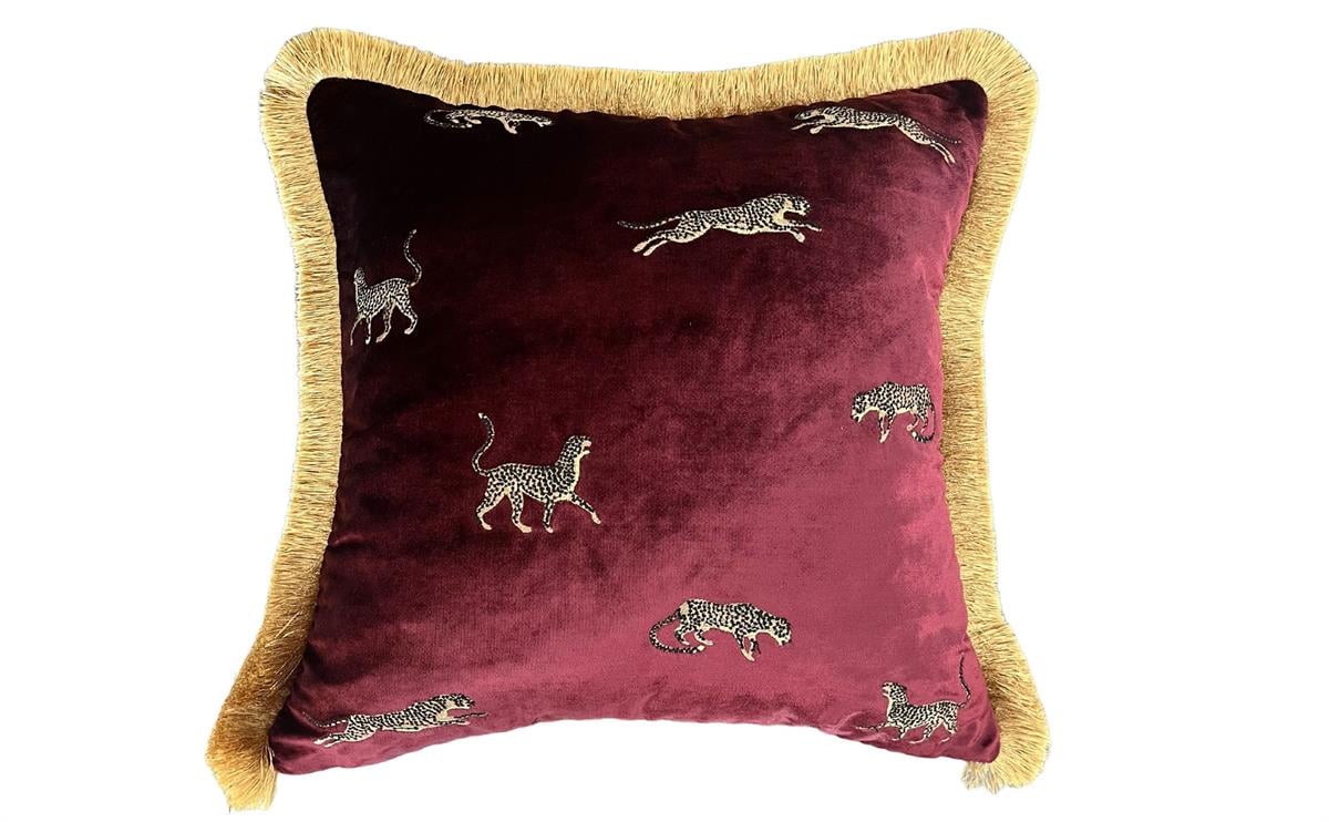 Dekoratif Leopar Desenli Bordo Kadife Kırlent Kılıfı 45 x 45 cm